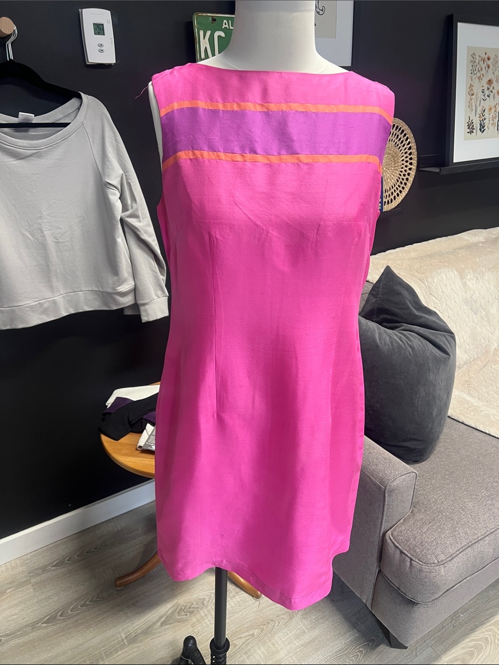 Silk Bright Pink Shift Dress with Subtle Orange Stripes size 10